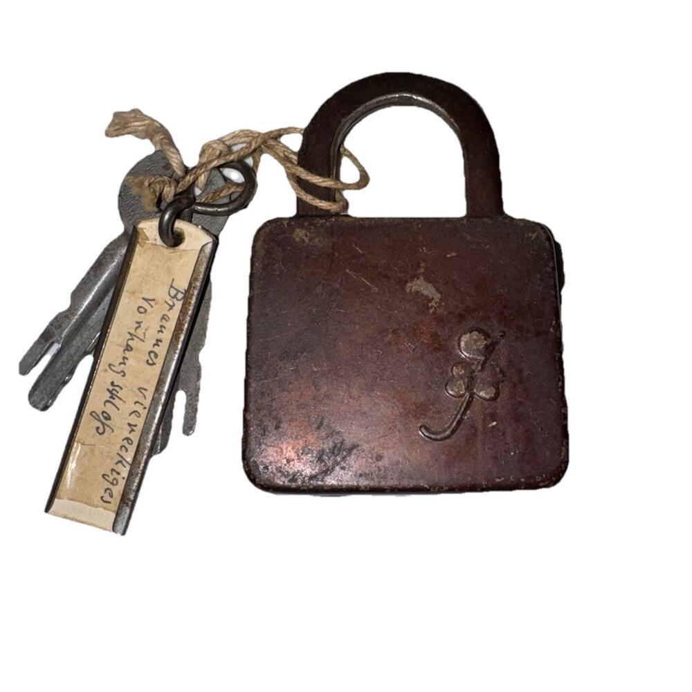 Antique German Style Square Padlock w Keys Clover Mark Vintage Iron Lock